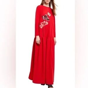 Misook Red Drop Waist Long Sleeve Embroidered Floral Maxi Dress